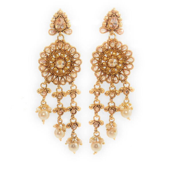 Floral Antique Golden Gold Plated Copper Pink LCT Polki Long Dangle & Drop Partywear Earrings for Women - Image 3