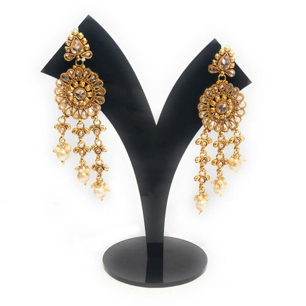 Floral Antique Golden Gold Plated Copper Pink LCT Polki Long Dangle & Drop Partywear Earrings for Women