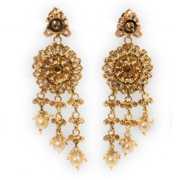 Floral Antique Golden Gold Plated Copper Pink LCT Polki Long Dangle & Drop Partywear Earrings for Women - Image 4