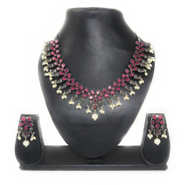 Red Stone and Faux Pearl Traditional Oxidised Choker Necklace and Earring Set