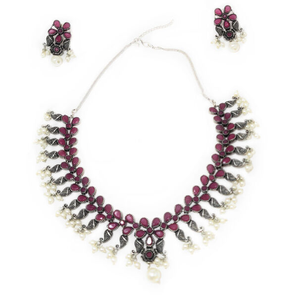 Red Stone and Faux Pearl Traditional Oxidised Choker Necklace and Earring Set - Image 2