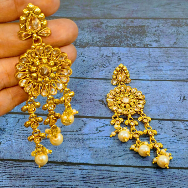 Floral Antique Golden Gold Plated Copper Pink LCT Polki Long Dangle & Drop Partywear Earrings for Women - Image 5