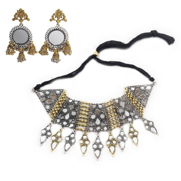 Dual Tone Mirror Choker and Jhumka Set