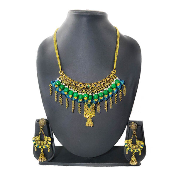 Antique Golden Tassel Chain Necklace and Earrings Set