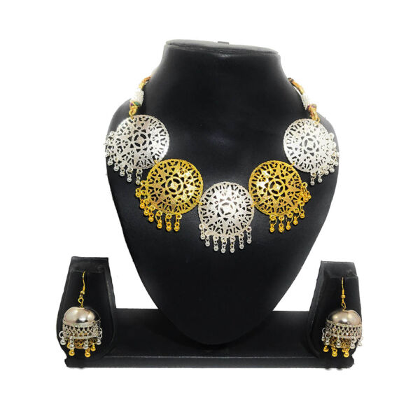 Golden Silver Dual Tone Necklace Jhumka Set - Image 2