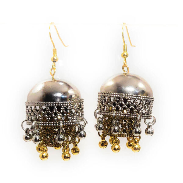 Golden Silver Dual Tone Necklace Jhumka Set - Image 4