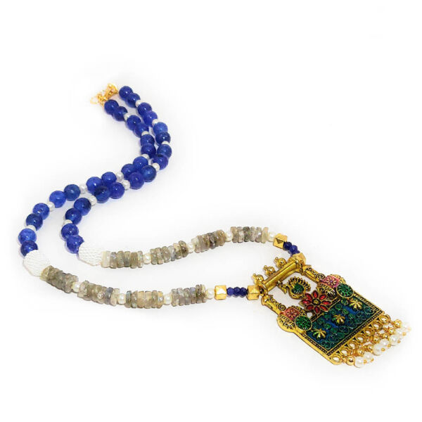 Antique Golden Blue Necklace and Earring Set - Image 3
