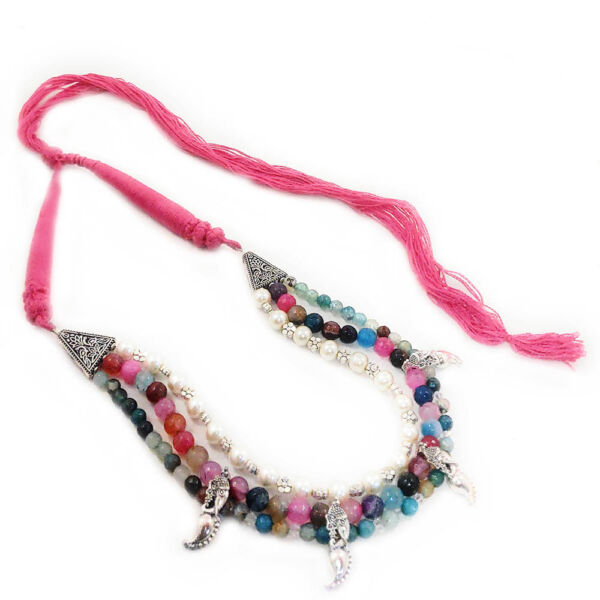 Oxidised Multicolour Onyx Multi-Layer Necklace & Jhumka Set - Image 3