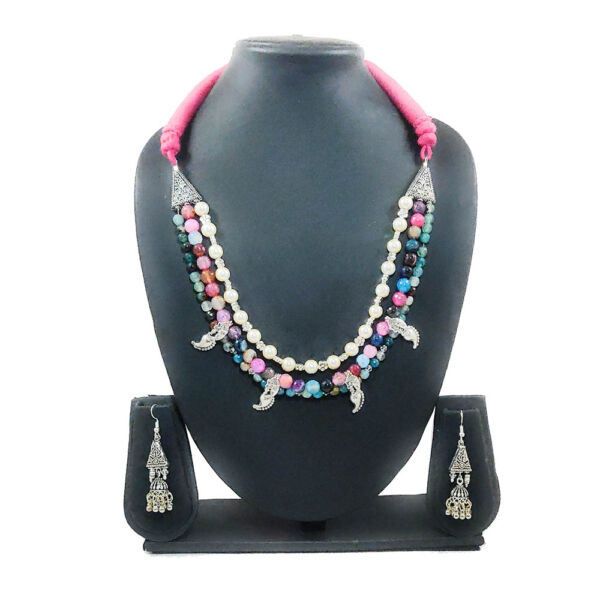 Oxidised Multicolour Onyx Multi-Layer Necklace & Jhumka Set - Image 4