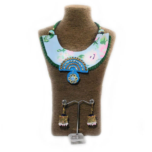Blue Fabric Choker Necklace and Jhumka Set