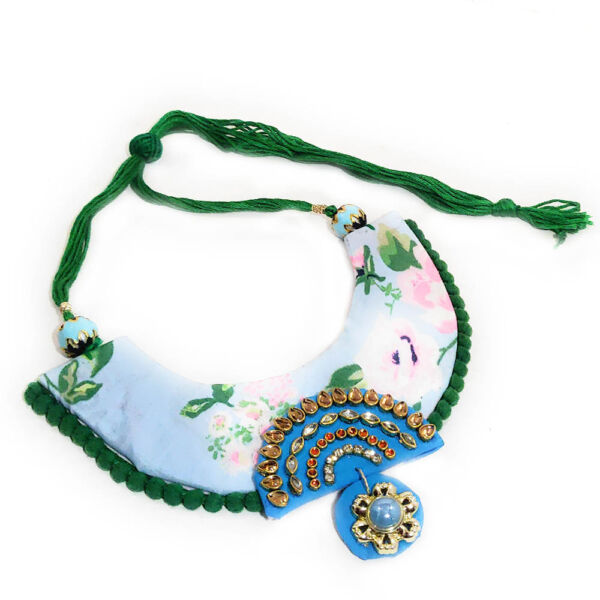 Blue Fabric Choker Necklace and Jhumka Set - Image 3