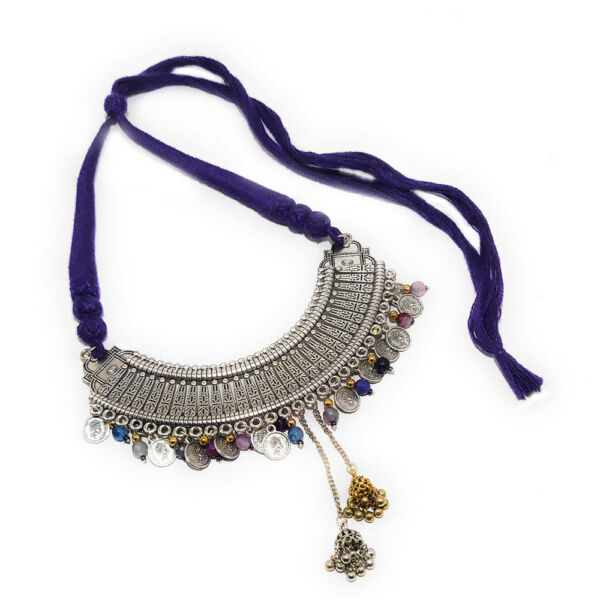 Oxidised Ginni and Purple Shaded Onyx Choker and Earrings Set - Image 3