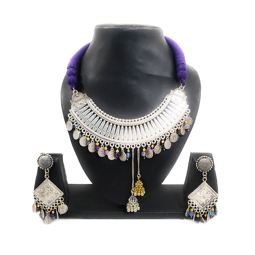 Blue & Purple Necklace with Earring Jewellery Set with Kundan & Pearls -  Dugristyle