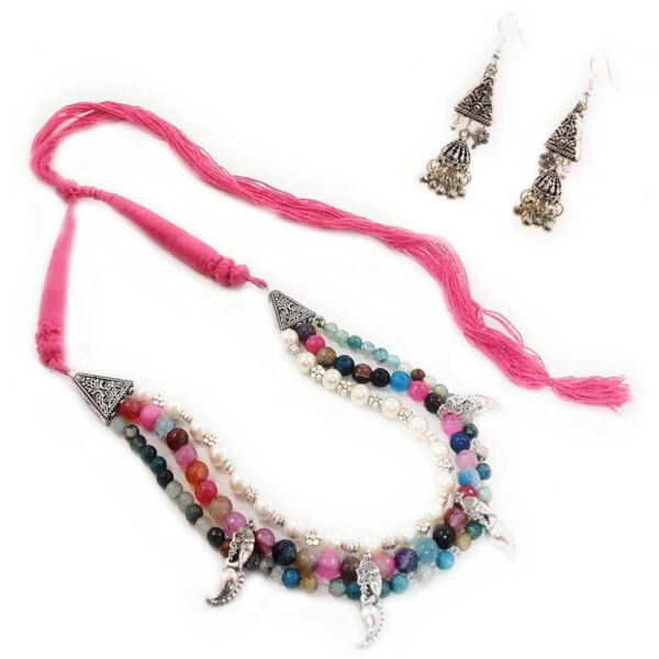 Oxidised Multicolour Onyx Multi-Layer Necklace & Jhumka Set
