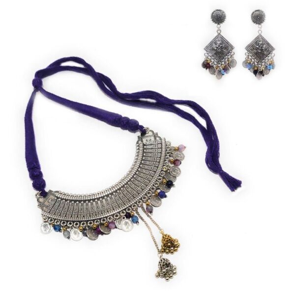 Oxidised Ginni and Purple Shaded Onyx Choker and Earrings Set - Image 4