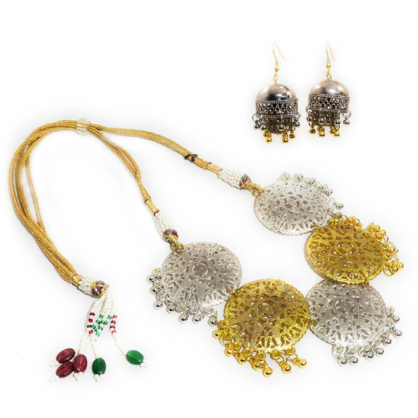 Golden Silver Dual Tone Necklace Jhumka Set