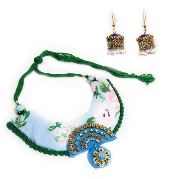 Blue Fabric Choker Necklace and Jhumka Set - Image 4