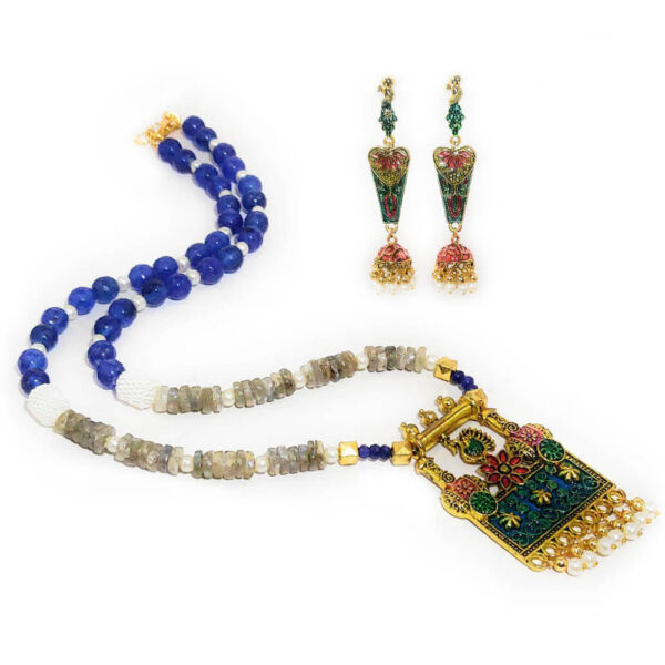 Antique Golden Blue Necklace and Earring Set