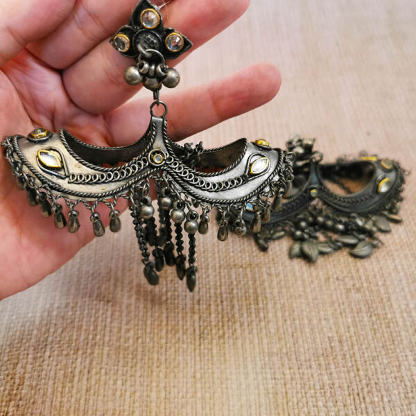 Oxidised Black Polish Antique Finish Lightweight Oversized Jhumka Earrings for Women - Image 3