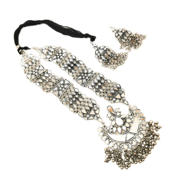 Oxidised German Silver Long Haram Mirror Necklace and Earrings for Women- Plain Mirror - Image 2