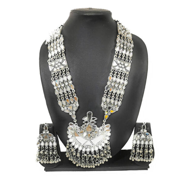 Oxidised German Silver Long Haram Mirror Necklace and Earrings for Women- Plain Mirror
