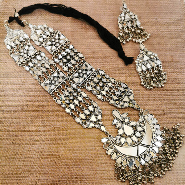 Oxidised German Silver Long Haram Mirror Necklace and Earrings for Women- Plain Mirror - Image 4