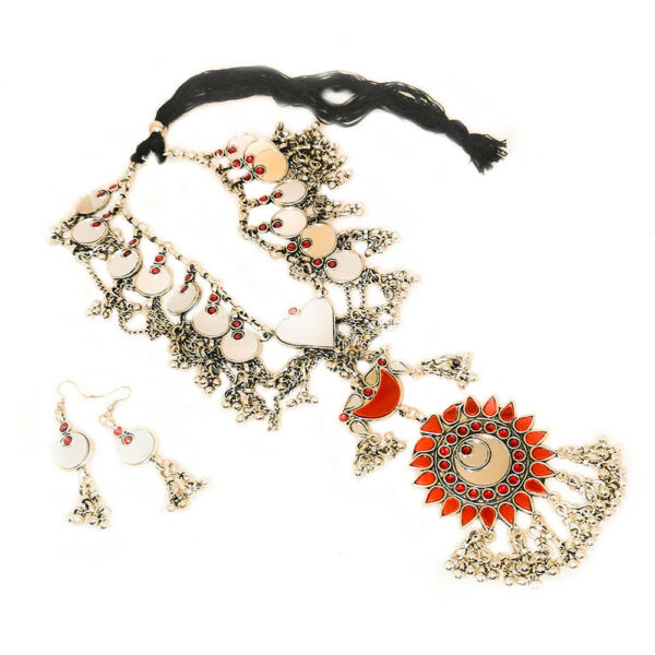 Oxidised German Silver Long Haram Mirror Necklace and Earrings for Women- Red - Image 3