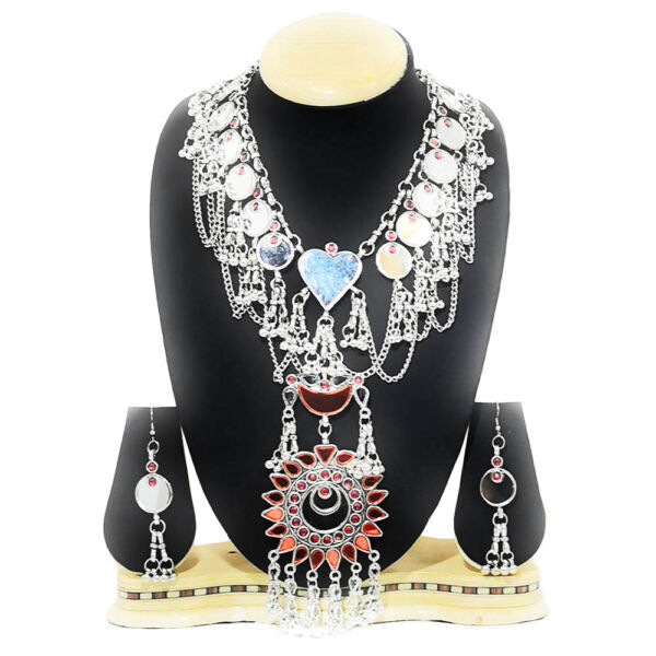 Oxidised German Silver Long Haram Mirror Necklace and Earrings for Women- Red