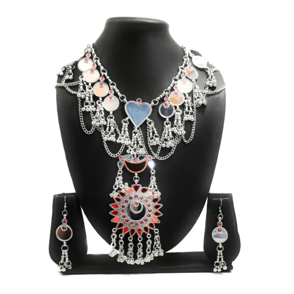 Oxidised German Silver Long Haram Mirror Necklace and Earrings for Women- Red - Image 2