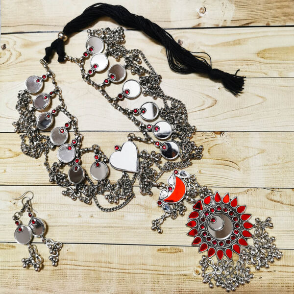 Oxidised German Silver Long Haram Mirror Necklace and Earrings for Women- Red - Image 4