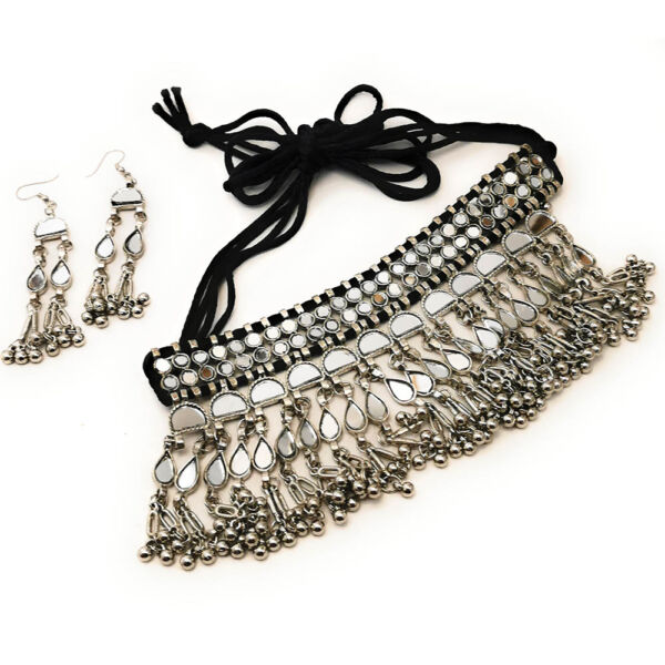 Oxidised German Silver Mirror Choker Necklace and Earrings Set for Women- Design B - Image 2