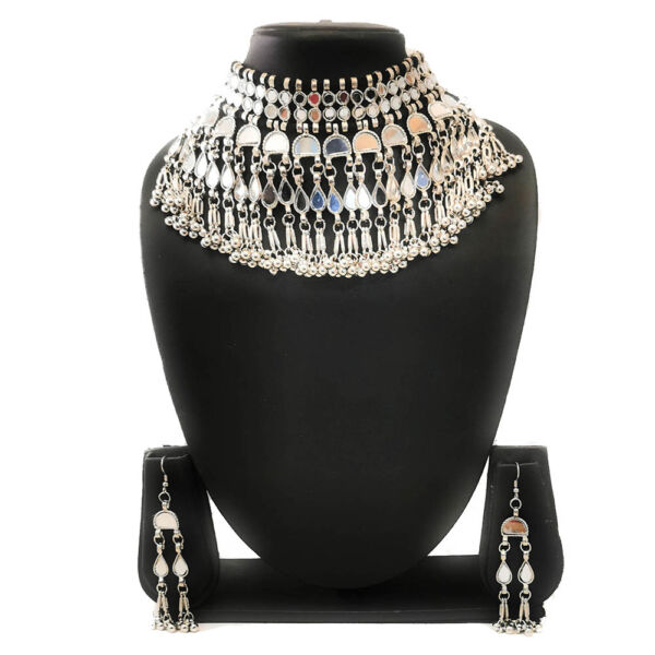 Oxidised German Silver Mirror Choker Necklace and Earrings Set for Women- Design B