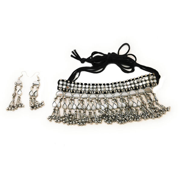 Oxidised German Silver Mirror Choker Necklace and Earrings Set for Women- Design B - Image 3