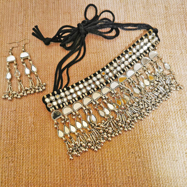 Oxidised German Silver Mirror Choker Necklace and Earrings Set for Women- Design B - Image 4