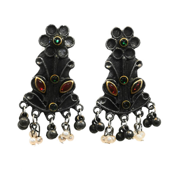 Oxidised Antique German Silver Floral Design Long Haram Necklace and Earrings Set for Women - Image 3