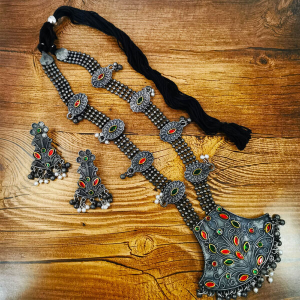 Oxidised Antique German Silver Floral Design Long Haram Necklace and Earrings Set for Women - Image 4