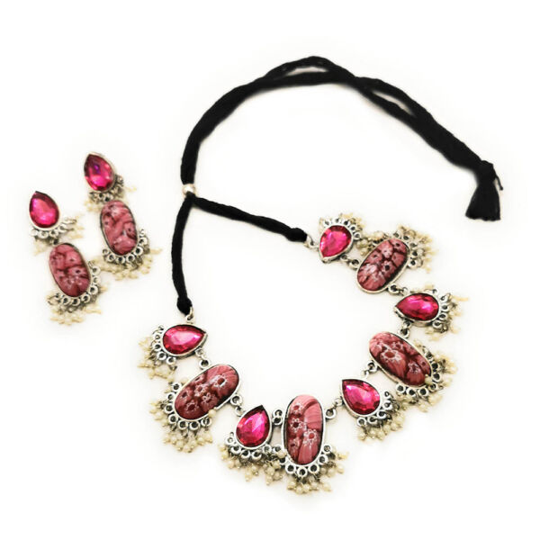 Oxidised Floral Resin Necklace and Earrings Set - Image 4