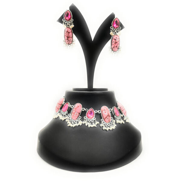 Oxidised Floral Resin Necklace and Earrings Set - Image 3