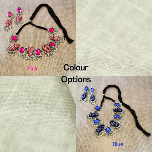 Oxidised Floral Resin Necklace and Earrings Set - Image 5