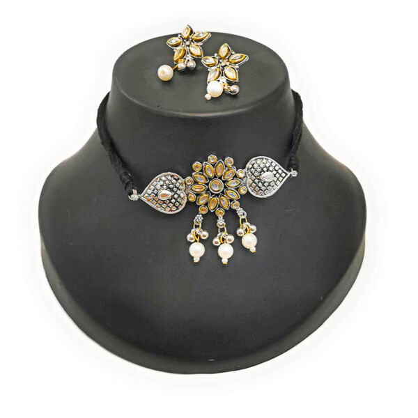 Oxidised German Silver Faux Kundan Short Choker Necklace Set for Women