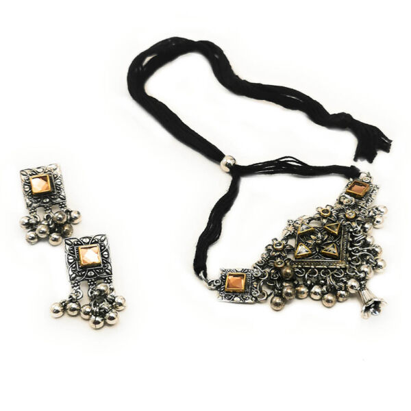 Oxidised German Silver Faux Kundan Short Choker Necklace Set for Women - Image 5