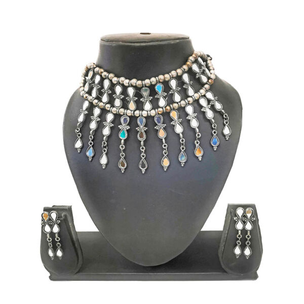 Oxidised German Silver Mirror Choker Necklace and Earrings Set for Women- Design A