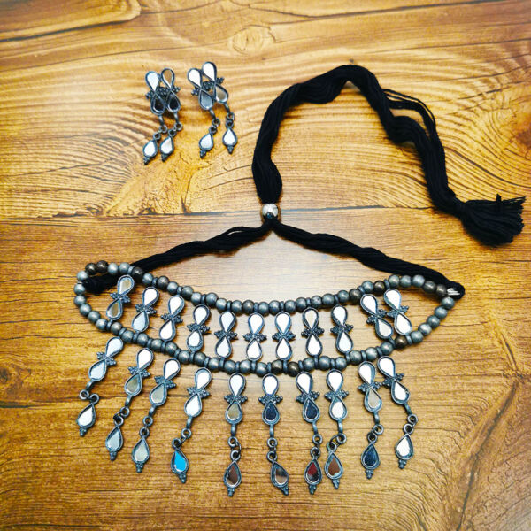 Oxidised German Silver Mirror Choker Necklace and Earrings Set for Women- Design A - Image 2
