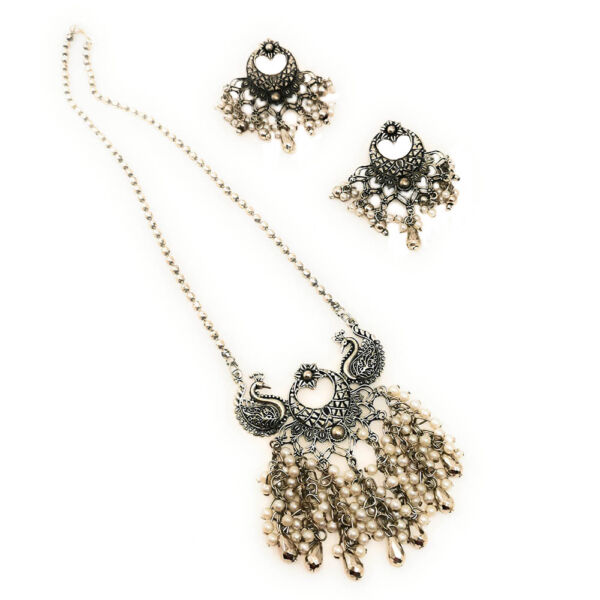 Oxidised German Silver Long Floral Peacock Design Necklace and Earrings Set for Women - Image 2