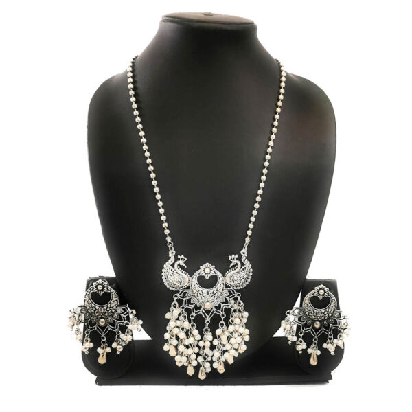 Oxidised German Silver Long Floral Peacock Design Necklace and Earrings Set for Women