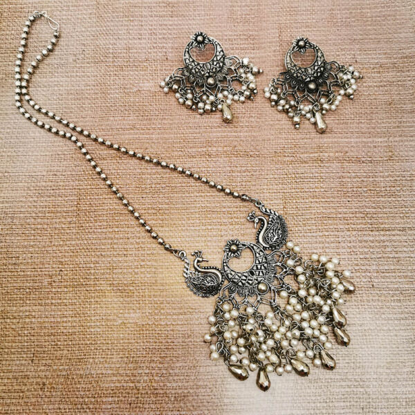 Oxidised German Silver Long Floral Peacock Design Necklace and Earrings Set for Women - Image 4