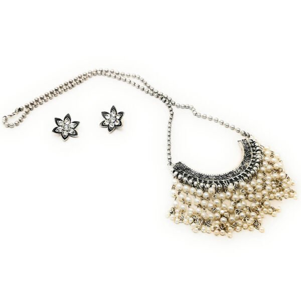 Oxidised German Silver Long Necklace and Floral Stone Stud Earrings Set for Women