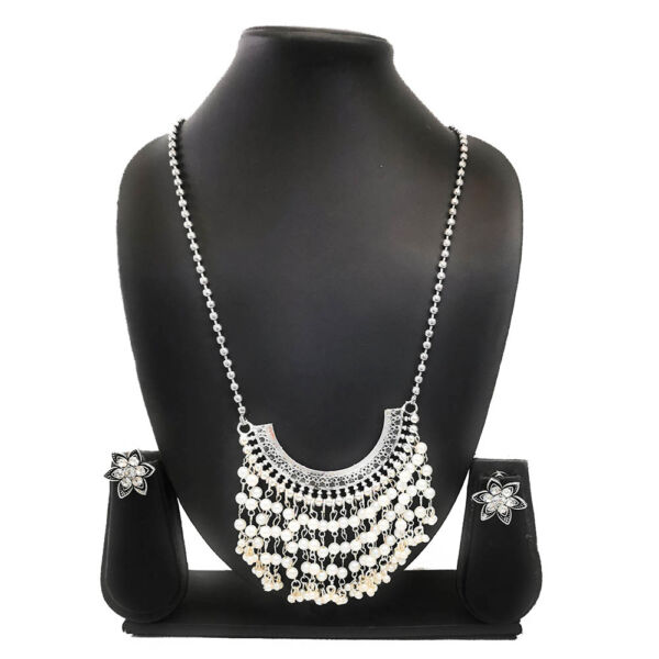 Oxidised German Silver Long Necklace and Floral Stone Stud Earrings Set for Women - Image 2
