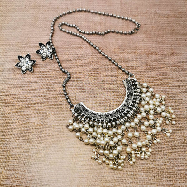 Oxidised German Silver Long Necklace and Floral Stone Stud Earrings Set for Women - Image 3