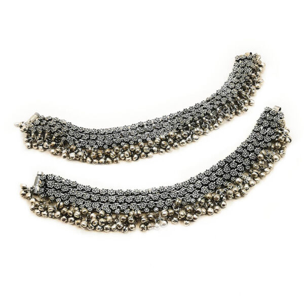 Oxidised Non Precious Metal Floral Design Ghungroo Anklets for Women (One pair) - Image 2